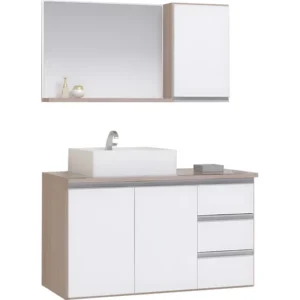 Conjunto Gabinete Banheiro Completo Prisma 0.80m Móvel Madeirado/branco