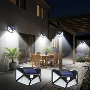 Kit 4 Luminaria Solar De Parede 100 Leds Sensor De Movimento