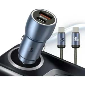Carregador De Celular Automotivo Turbo 60w Usb Usb-c Alumínio + Cabo Usb C Compatível Com Moto G15 Galaxy Xiaomi Redmi Note Realme iPhone Entrada Usb-c Carregador De Celular Carro Superselfie