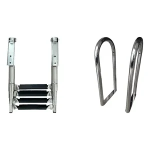 Kit Náutico: Escada Retrátil 4 Degraus Inox + 2 Pega Mão Inox Alça De Apoio P/ Piscina/lancha