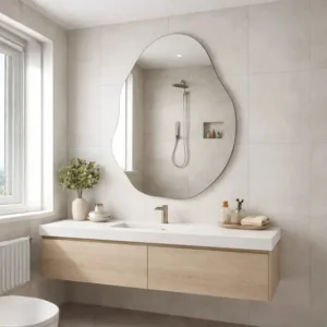 Espelho Orgânico Decorativo 70x50cm Lopazzi Design Moderno Luxo Lapidado Com Fita Dupla Face Fixação Forte Sem Furos Para Banheiro Sala Quarto Vidro Cristal Premium Sem Distorção Qualidade Superior