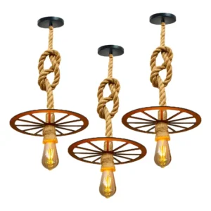 3 Luminárias Pendente Teto Rústicas Roda Carroça Corda Sisal