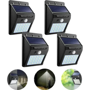 4 Luminária Led Com Carregamento Solar A Prova Dágua Arandela Luz Parede Com Sensor Presença Estrutura Preto Alvix
