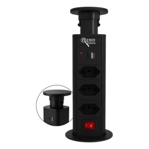 Torre 3 Tomadas Retrátil Multifuncional Multiplug Carregador Usb Tipo C Totem Mesa Bancada Cor Preto Nano Bateria