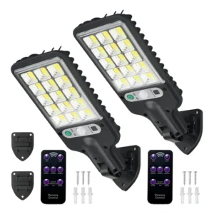 2 Pcs Mini Luminária Solar Poste Rua Parede Refletor 180 Cob Com Sensor De Movimento Cor Preto 180w - Alusp