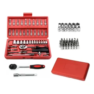 Jogo Com 46 Soquetes Aço Chaves Catraca 1/4, Com Maleta MFL