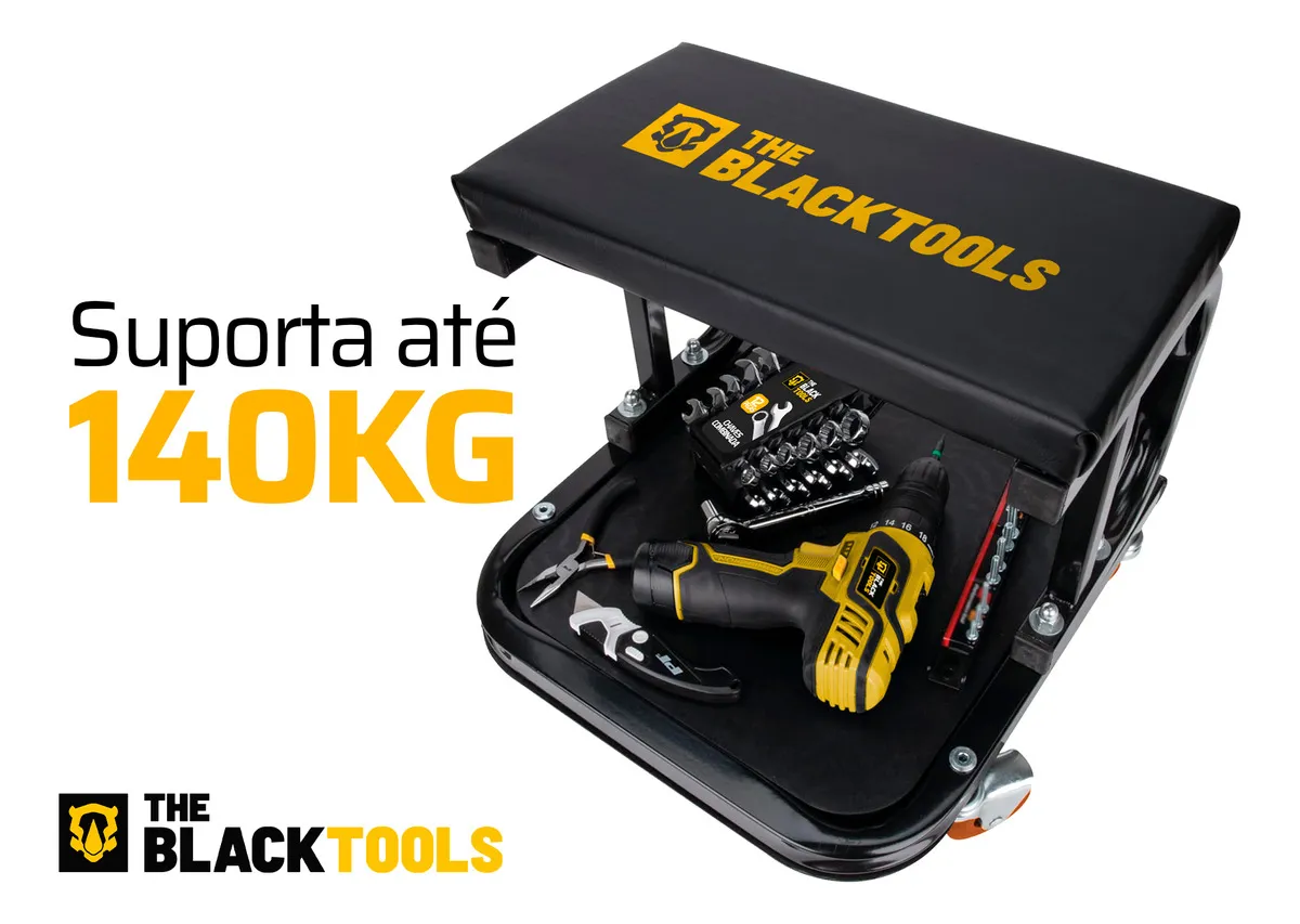 Banqueta Fixa Com Assento Para Mecânico 140kg Com Rodízio Porta Ferramentas Bbm100 The Black Tools Cor Preto - Imagem 10