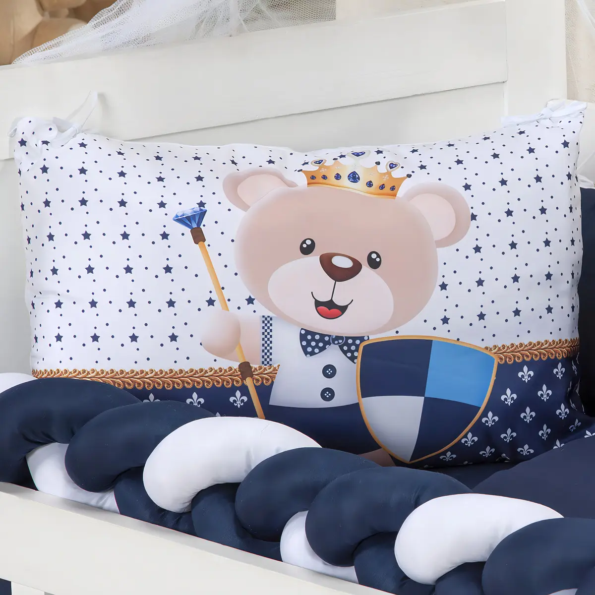 Kit Berço Menina Menino Protetor Trança Com Saia 6 Peças Cor Urso Majestade Azul Marinho - Imagem 2