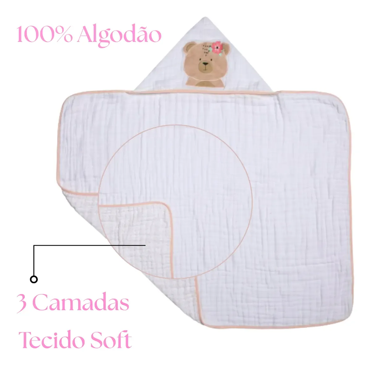 Toalha Banho Bebê Soft C/ Capuz 3 Camadas Algodão Bordado - Imagem 2