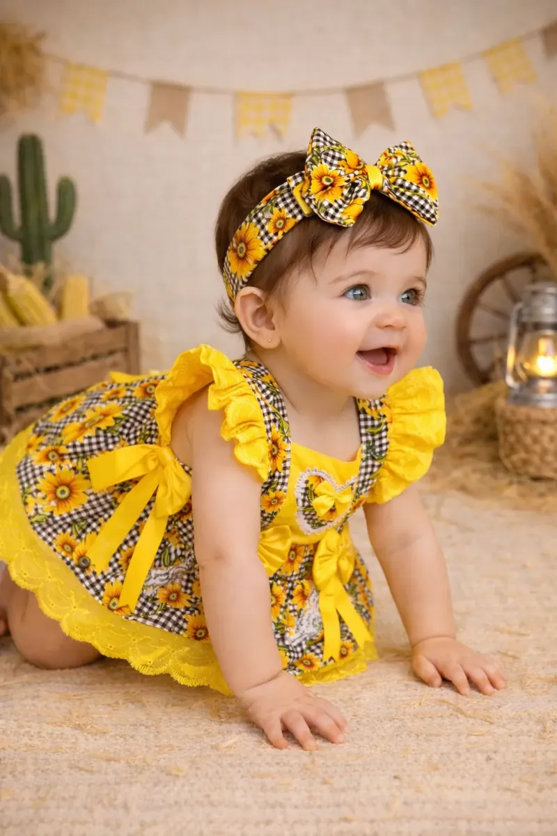 Jardineira Saia Mesversário Girassol Roupa Bebe Menina Luxo - Imagem 2