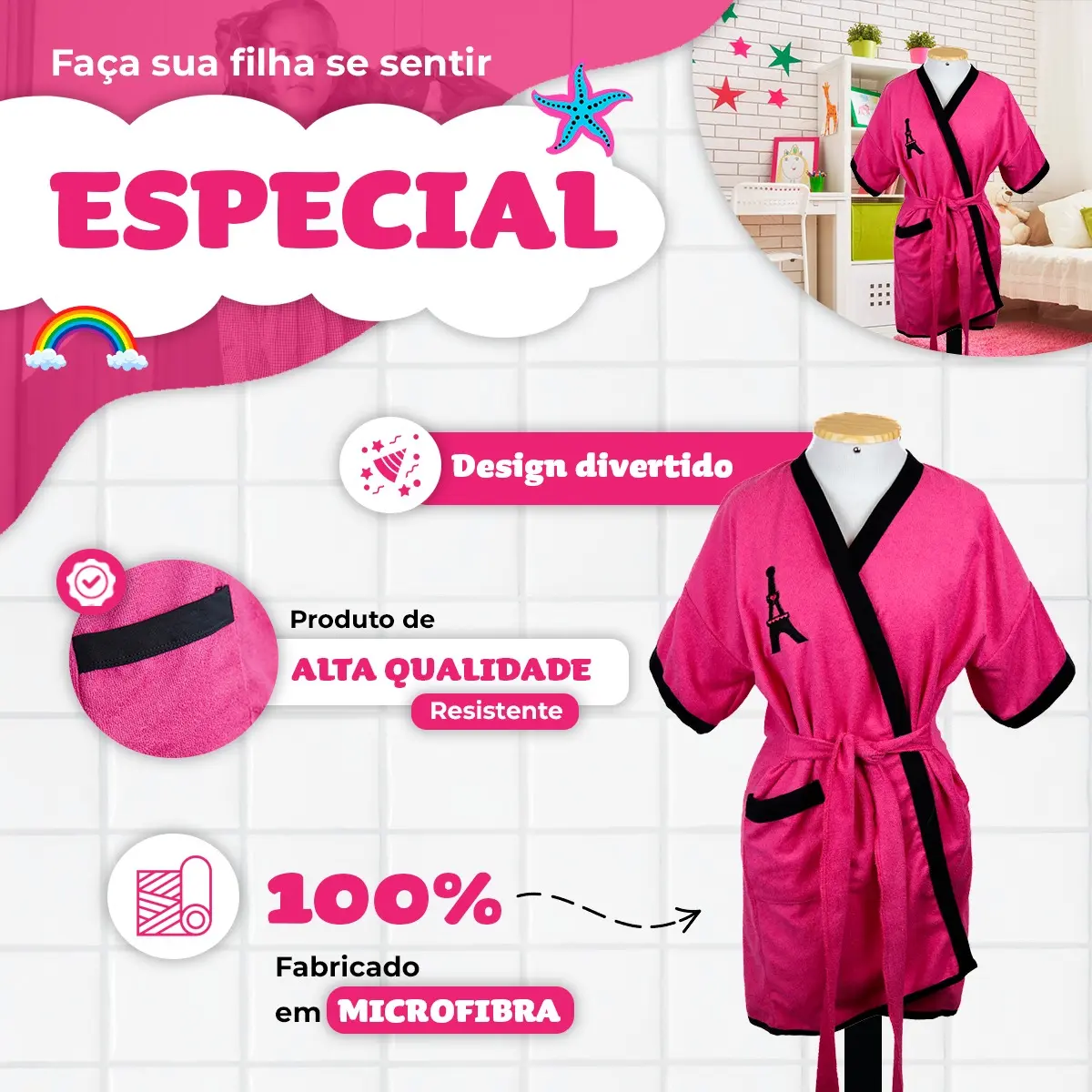 Roupão Infantil Atoalhado Felpudo Banho Piscina Praia Menina