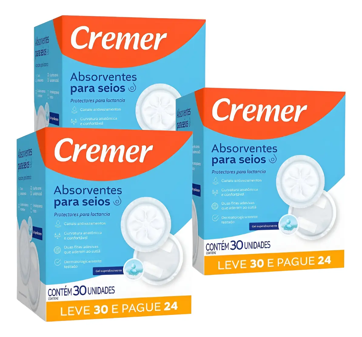 Kit 3cxs Absorvente P/ Seios Cremer 90 Unidades Descartáveis