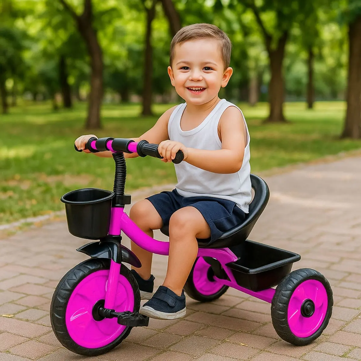 Brinquedo triciclo de 3 rodas para crianças com cesto de bolhas rosa chiclete Atentu triciclo infantil motoca - Imagem 3