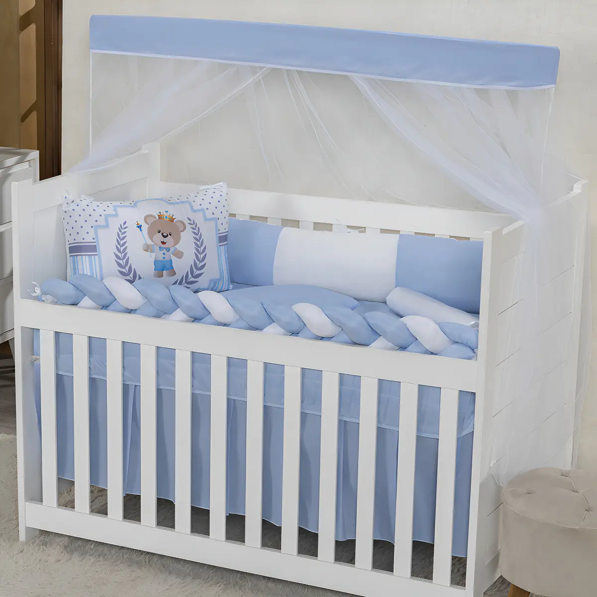 Kit Berço Menina Menino Protetor Trança Com Saia 6 Peças Cor Urso Majestade Azul Bebê