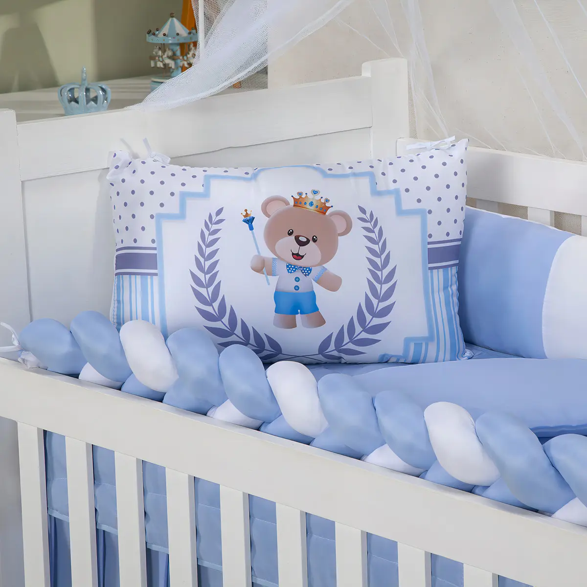 Kit Berço Menina Menino Protetor Trança Com Saia 6 Peças Cor Urso Majestade Azul Bebê - Imagem 3