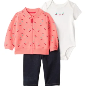 Conjunto 3pç Casaco Cerejinhas Laranja Bebê Menina Carter's