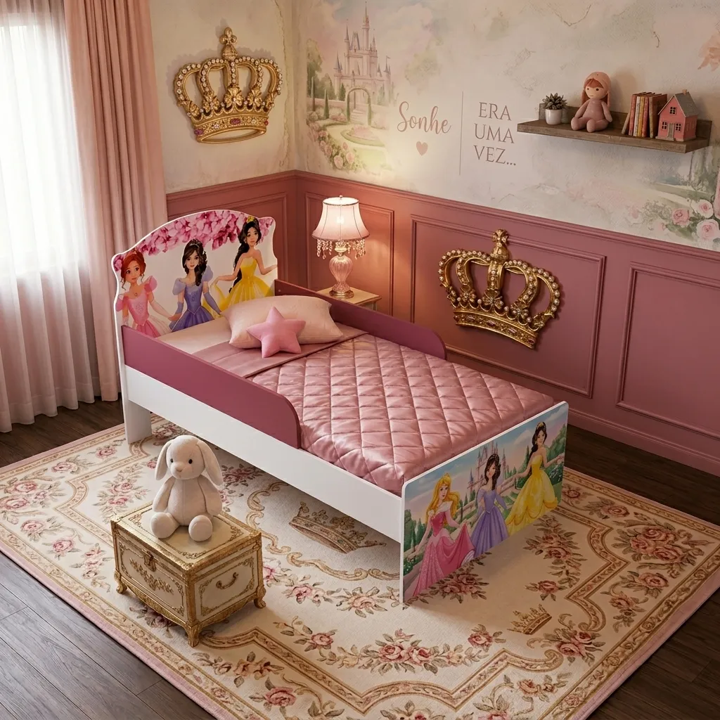 Jogo Quarto Infantil 2 Peças Cama Colchão Rosa Princesa - Imagem 2