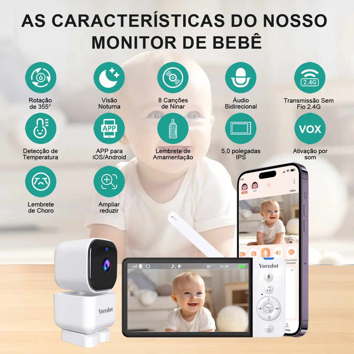 Yoredot Babá Eletrônica Abm720s Câmera Sem Fio 5'' Ips Hd Grande/5000mah 30h/wifi+2.4ghz Sem Fio De Ba/ultra Nítida Visão Noturna/sensor De Temperatura Alarme/355° Rotação/ativação Por Voz - Imagem 3