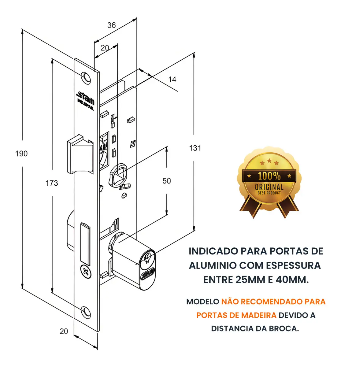 Fechadura Stam Estreita Espelho Inox 601-602/33 Serralheiro - Imagem 2