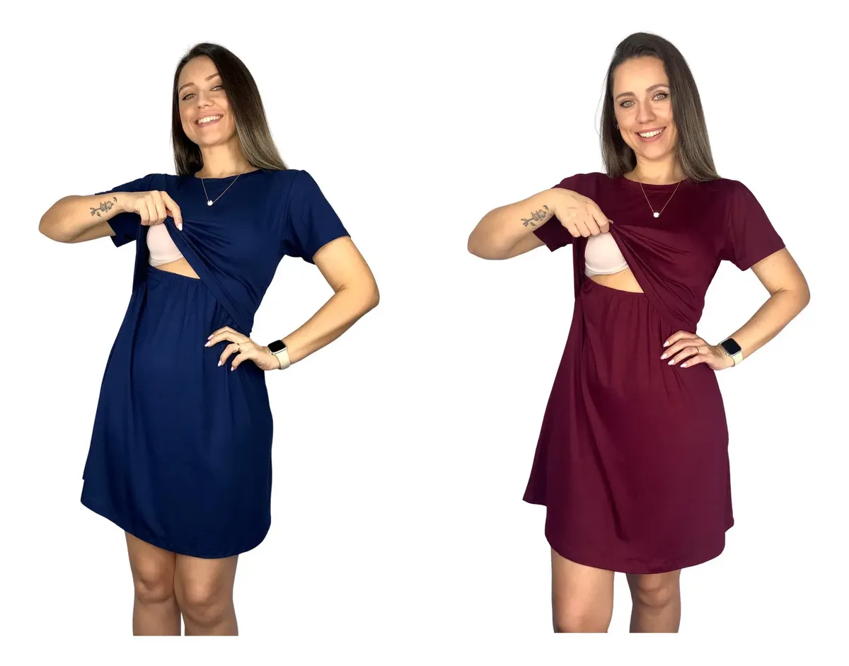 Kit 2 Vestido Amamentação Premium Manga Curta Roupa Gestante - Imagem 2