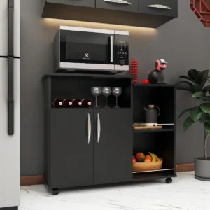Armário Cozinha AJL Preto Fruteira com Rodas Porta Microondas 2 Portas