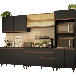 Armário de Cozinha Completa Modulada Madesa Reims Com Armário E Balcão para Cooktop Cor Preto e Rustic GRRM310001D8