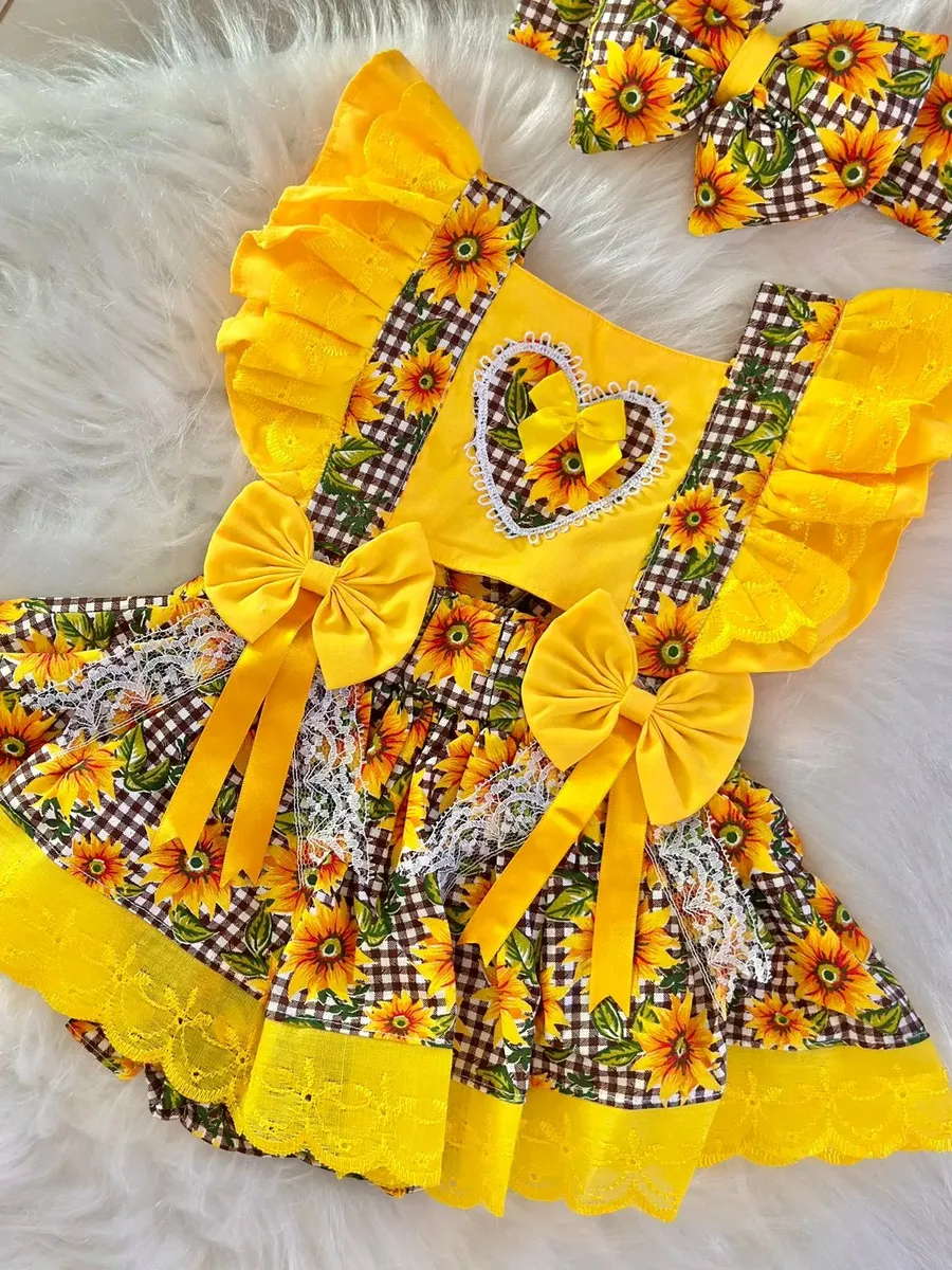 Jardineira Saia Mesversário Girassol Roupa Bebe Menina Luxo - Imagem 4