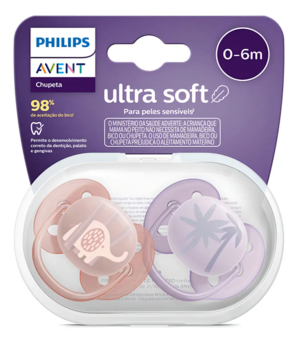 Chupeta Avent Ultra Soft 0-6m Lilas Menina Elefante Decorada Período De Idade 0-6 Meses