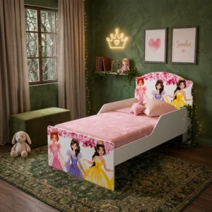 Jogo Quarto Infantil 2 Peças Cama Colchão Rosa Princesa