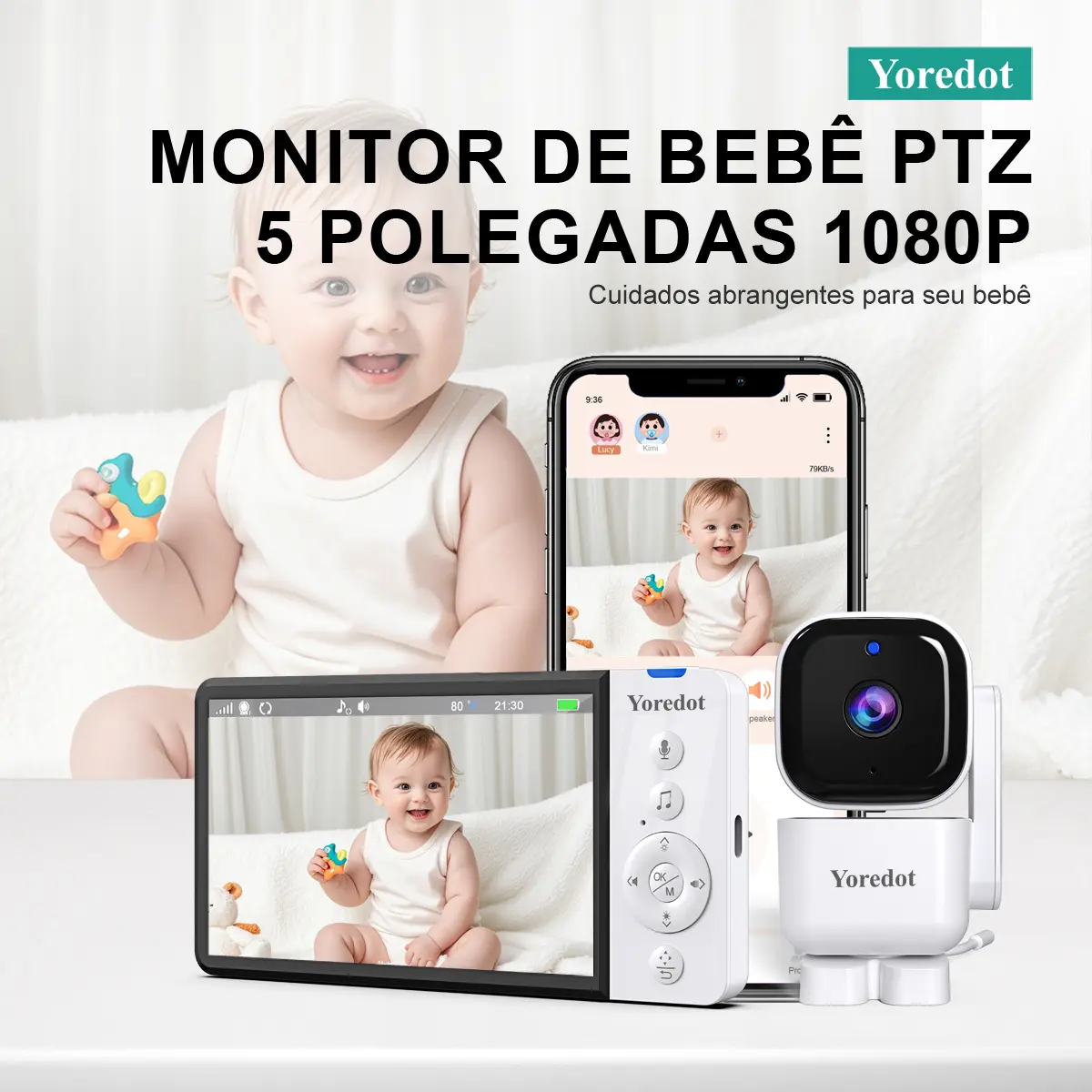 Yoredot Babá Eletrônica Abm720s Câmera Sem Fio 5'' Ips Hd Grande/5000mah 30h/wifi+2.4ghz Sem Fio De Ba/ultra Nítida Visão Noturna/sensor De Temperatura Alarme/355° Rotação/ativação Por Voz