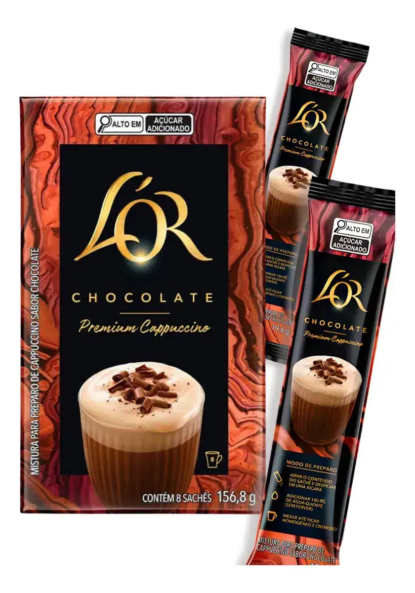 Cappuccino Solúvel Chocolate Premium L'or 156,8g Com 8 Sachês