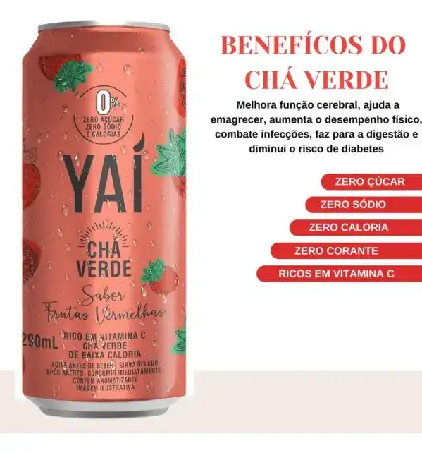 Kit 6 Un Cha Verde Frutas Vermelhas Zero Acucar Yai Lata 290ml