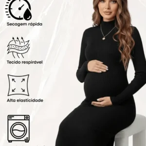 Vestido Longo Gestante Canelado Gola Alta Maternidade Mel