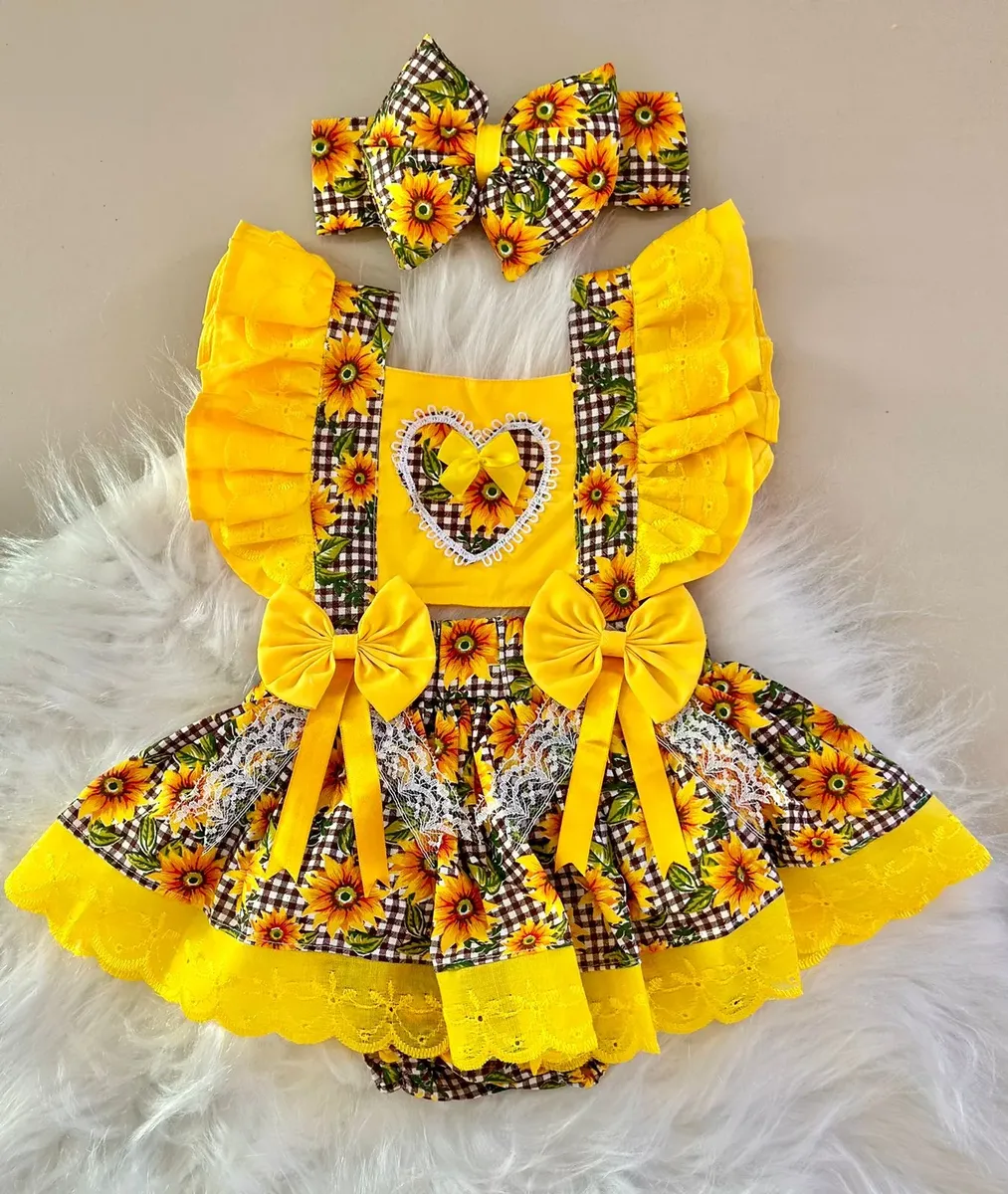 Jardineira Saia Mesversário Girassol Roupa Bebe Menina Luxo - Imagem 6