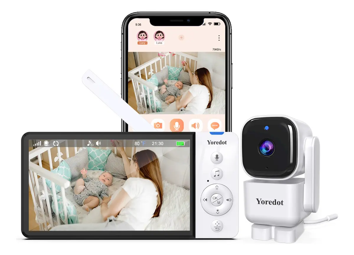 Yoredot Babá Eletrônica Abm720s Câmera Sem Fio 5'' Ips Hd Grande/5000mah 30h/wifi+2.4ghz Sem Fio De Ba/ultra Nítida Visão Noturna/sensor De Temperatura Alarme/355° Rotação/ativação Por Voz - Imagem 6