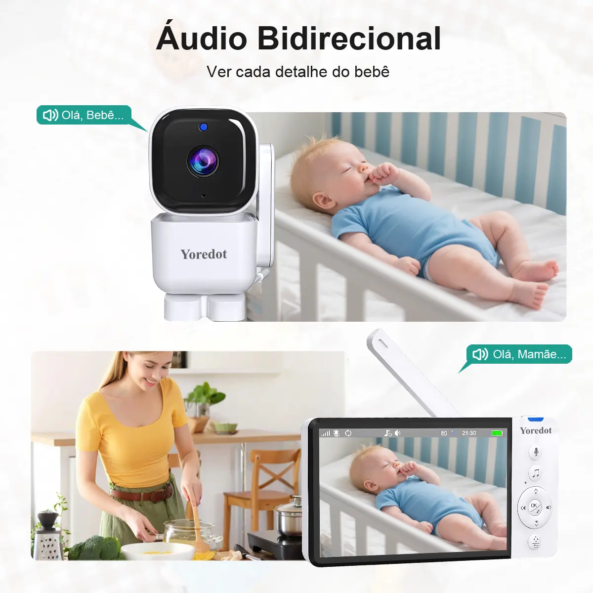 Yoredot Babá Eletrônica Abm720s Câmera Sem Fio 5'' Ips Hd Grande/5000mah 30h/wifi+2.4ghz Sem Fio De Ba/ultra Nítida Visão Noturna/sensor De Temperatura Alarme/355° Rotação/ativação Por Voz - Imagem 7