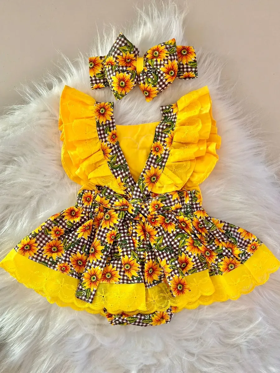 Jardineira Saia Mesversário Girassol Roupa Bebe Menina Luxo - Imagem 7