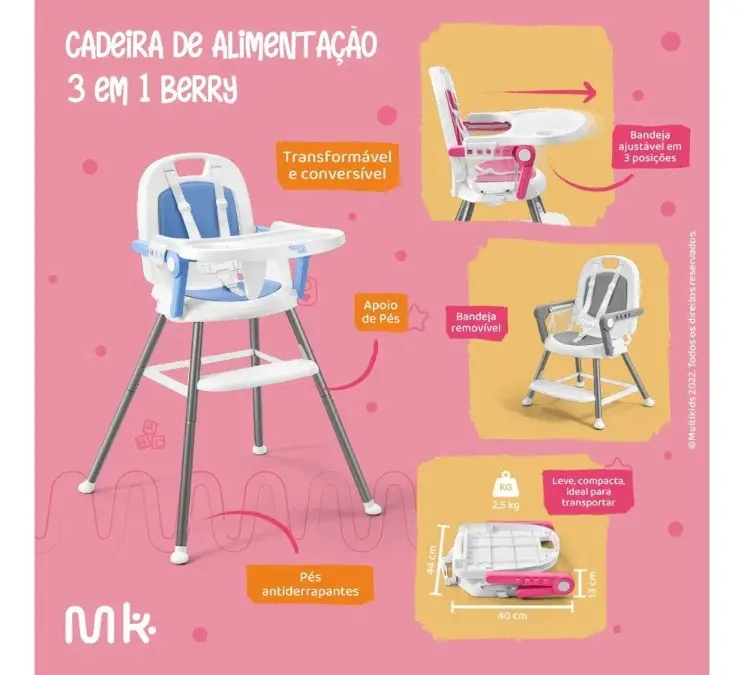 Cadeira Alimentação Berry 3 Em 1 Rosa Multikids Baby Bb390 - Imagem 7
