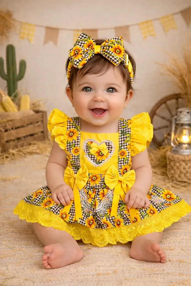 Jardineira Saia Mesversário Girassol Roupa Bebe Menina Luxo
