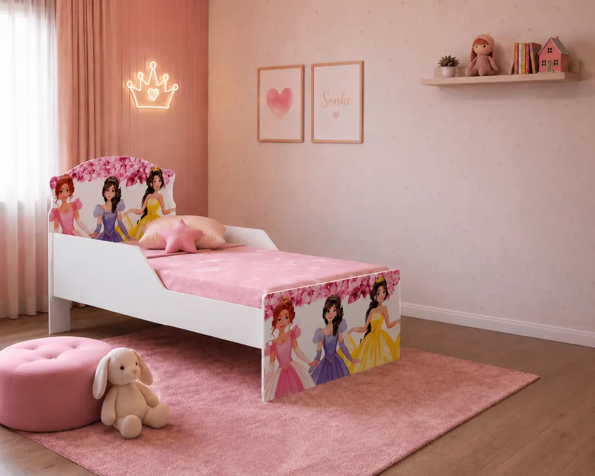 Jogo Quarto Infantil 2 Peças Cama Colchão Rosa Princesa - Imagem 5