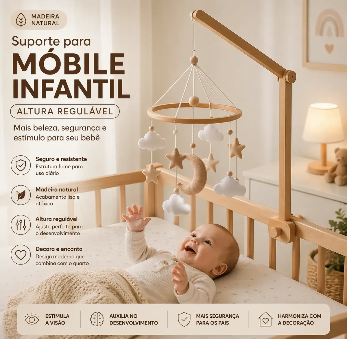 Suporte Mobile Infantil Madeira Altura Regulável Berço Bebê - Imagem 7