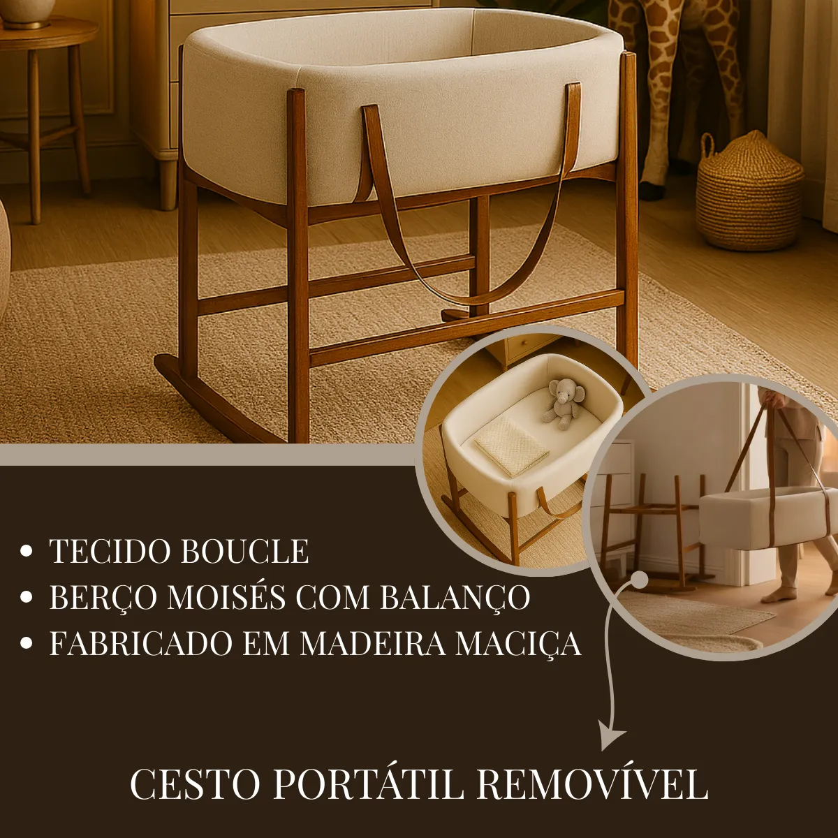 Berço Moises Bento Bebê Conforto Portátil Com Alça De Couro - Imagem 3