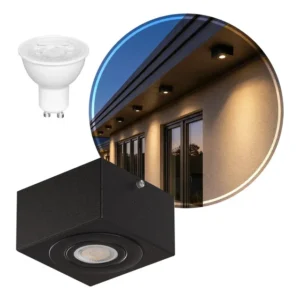 Spot Externo Sobrepor Dicroica Alumínio Teto Beiral Cor Preto + Led Branco Quente 6.5w Mf270 Mega Forte Iluminação