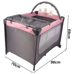 Berço Cercado Portátil Desmontável Para Bebê Rosa 2 Alturas Com Mosquiteiro Trocador Bolsa Travas De Segurança
