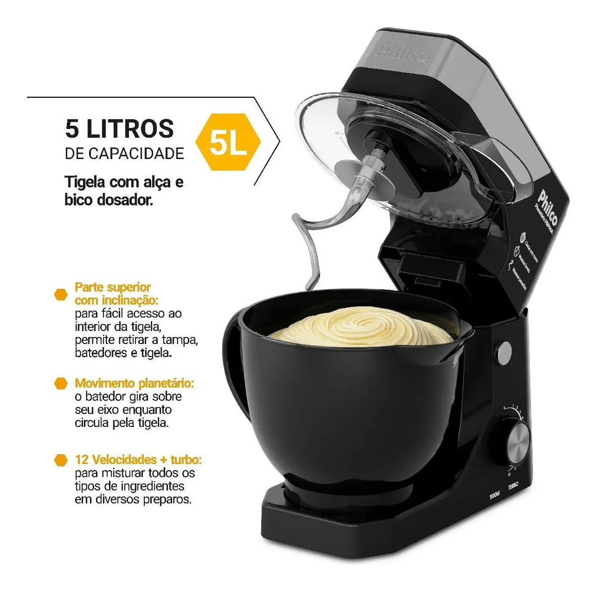 Batedeira Planetária Philco 900W 5L Preta 12 Velocidades Turbo PBP90A - Imagem 6