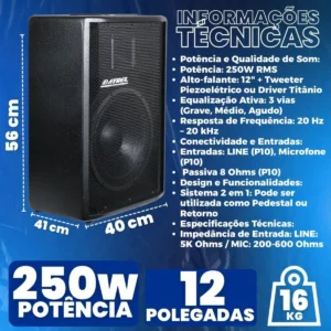 Kit 2 Caixas De Som Datrel 500w Watts Rms 12 Polegadas Ativa Passiva Profissional Acustica Audio Amplificada Usb Bluetooth + 2 Suportes Pedestal Tripe + Cabos P10 Pa Eventos Igreja Show