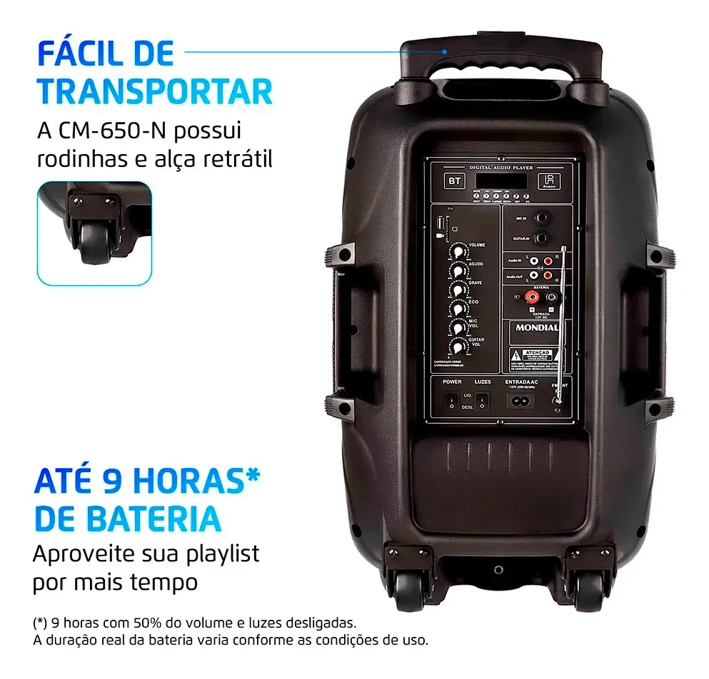 Caixa Amplificada Mondial CM-650-N 650W Bluetooth MIC Guitar - Imagem 6