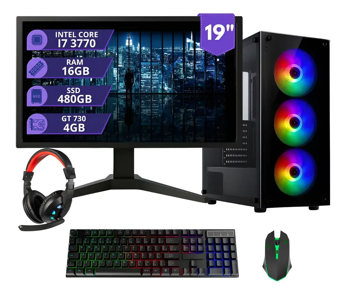 Pc Gamer I7 3.4ghz 16gb Ssd 480gb Placa Video 4gb Monitor 19 - Imagem 7