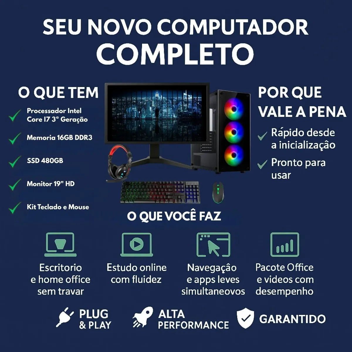 Pc Gamer I7 3.4ghz 16gb Ssd 480gb Placa Video 4gb Monitor 19 - Imagem 2