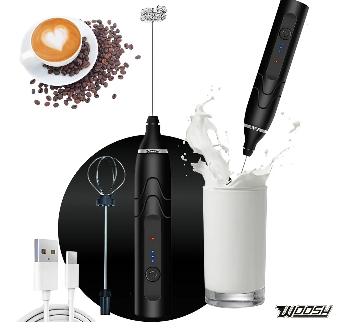 Mixer Elétrico Portátil 2 em 1 Recarregável Potente Misturador de Bebidas e Ovos 3 Velocidades Usb Batedor e Fue Fouet Marca Woosh - Imagem 7